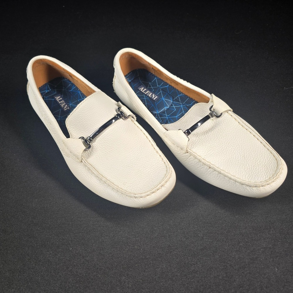 Alfani Marcus Mens White Pebbled Leather Bit Loafers Driver Shoes Size 10M